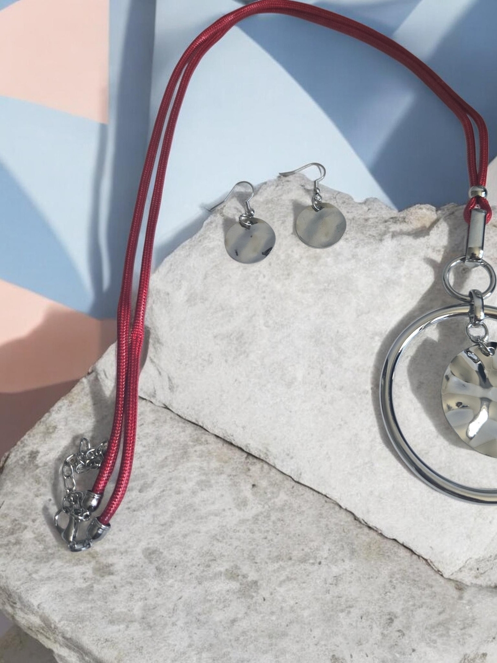 paparazzi Red Cord Necklace with Silver-Tone Circle Earrings